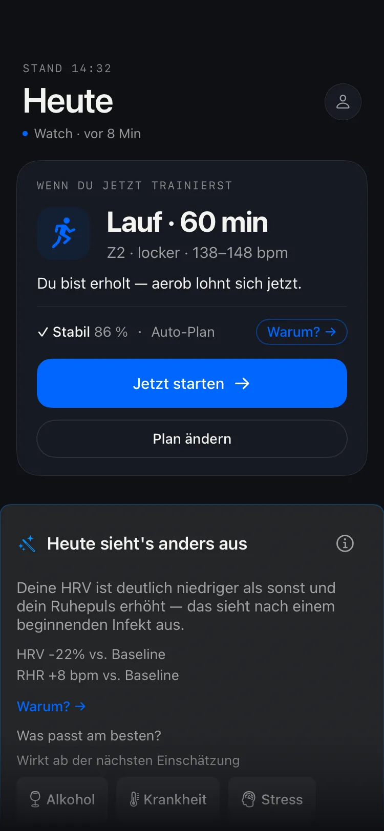 DecisionEngine Anomalie-Meldung: HRV unter Baseline, mit Rückfrage nach der Ursache