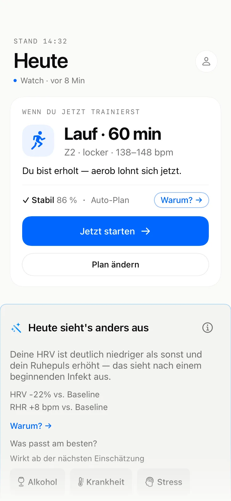 DecisionEngine Anomalie-Meldung: HRV unter Baseline, mit Rückfrage nach der Ursache