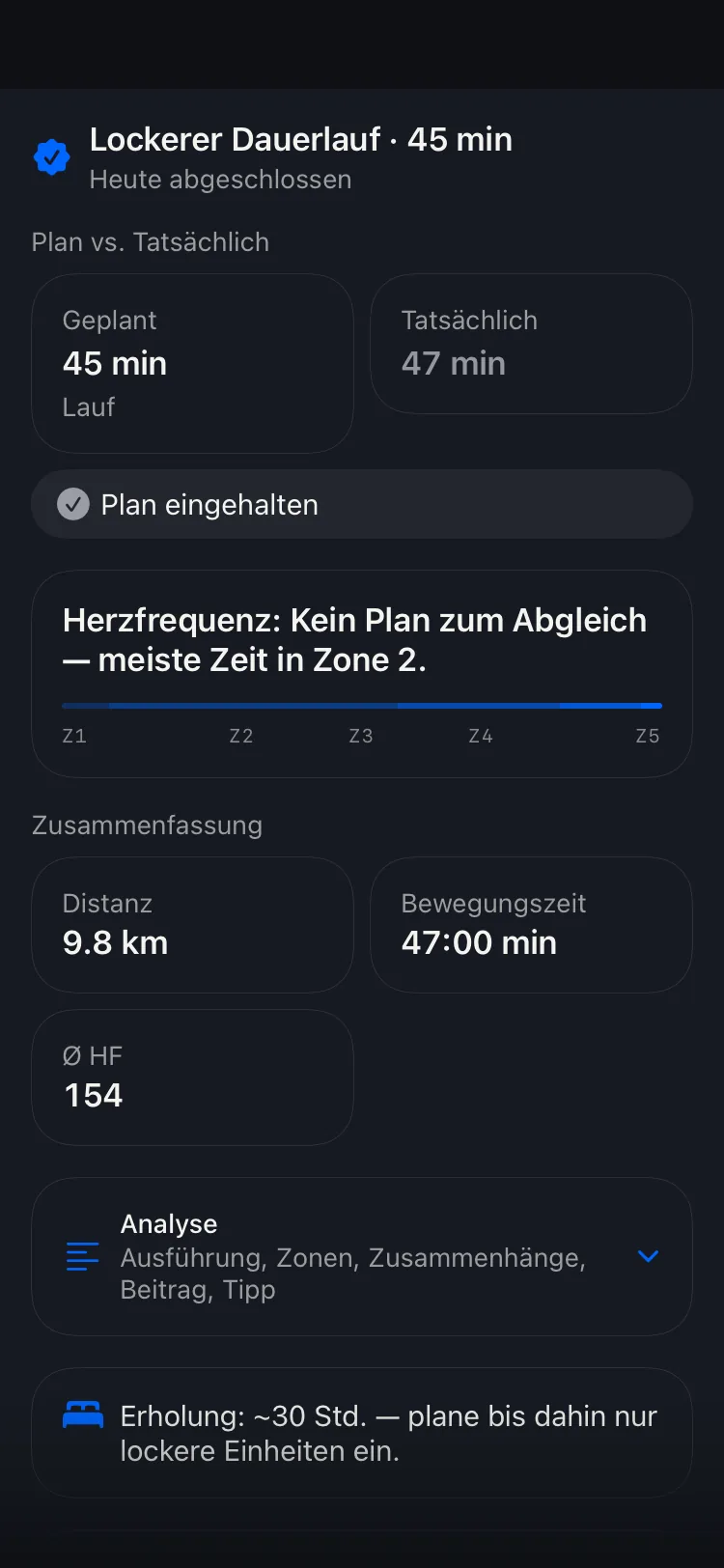 DecisionEngine Trainings-Fazit: Erholungsempfehlung mit Herzfrequenz- und Leistungsauswertung