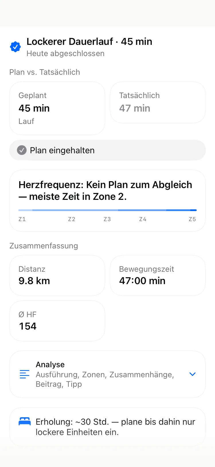 DecisionEngine Trainings-Fazit: Erholungsempfehlung mit Herzfrequenz- und Leistungsauswertung