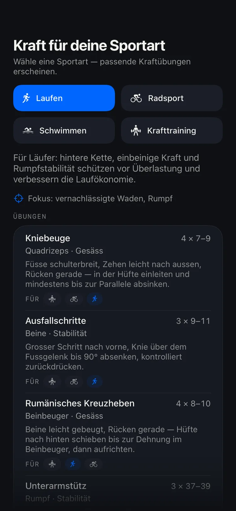 DecisionEngine Kraft-Einheit: automatisch gewählte Übungen mit Sätzen und Wiederholungen