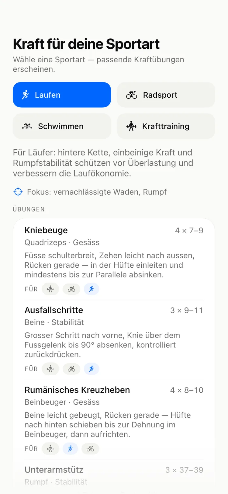 DecisionEngine Kraft-Einheit: automatisch gewählte Übungen mit Sätzen und Wiederholungen