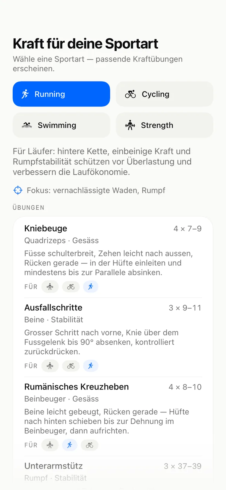 DecisionEngine Kraft-Einheit: automatisch gewählte Übungen mit Sätzen und Wiederholungen